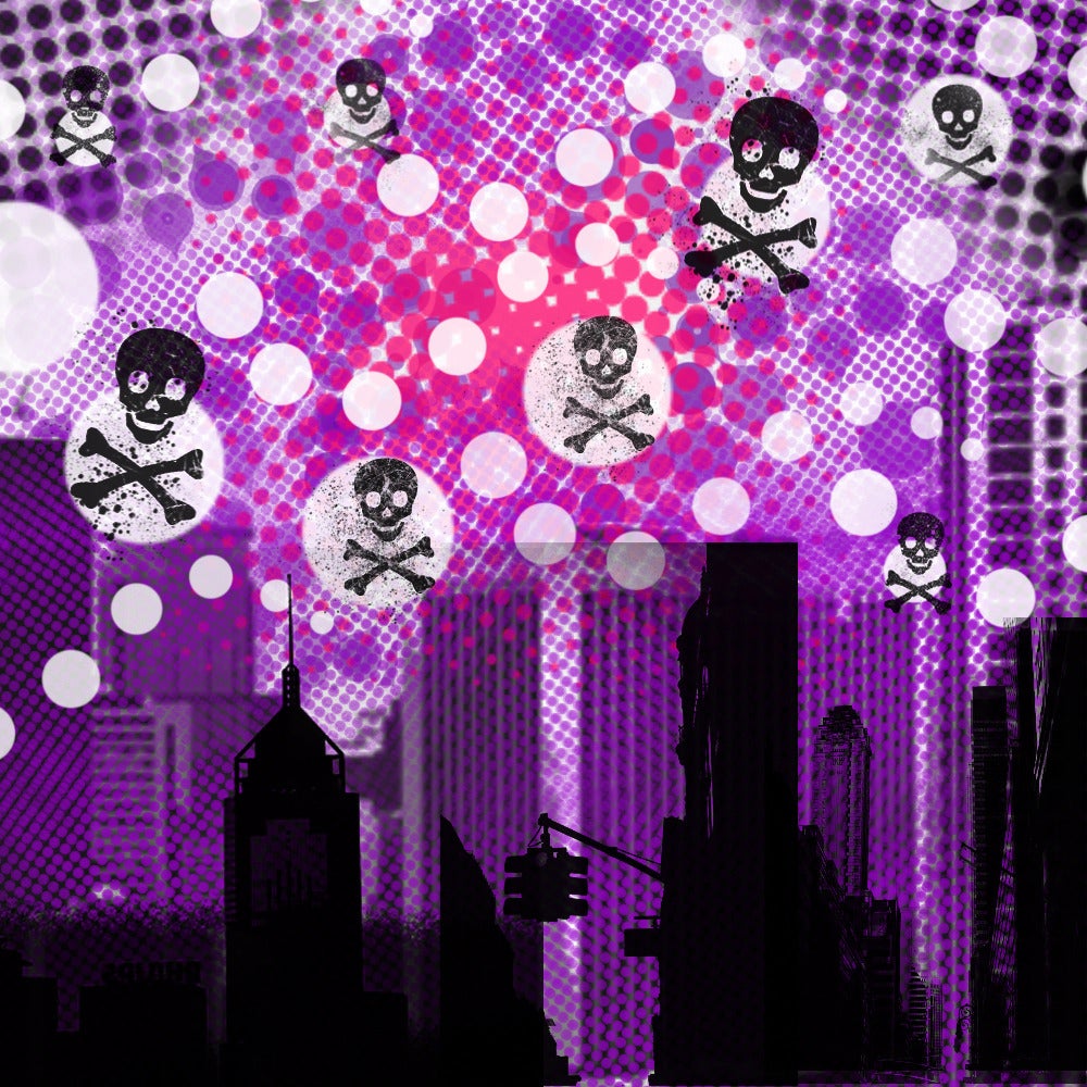 Skull crossbones cityscape
