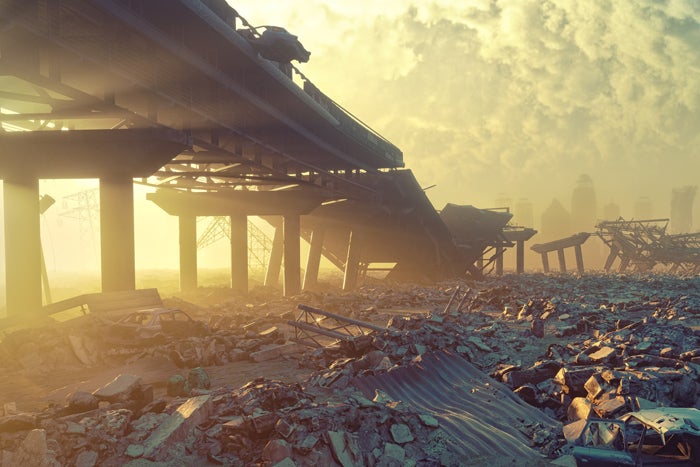 disaster scene with blown up bridge