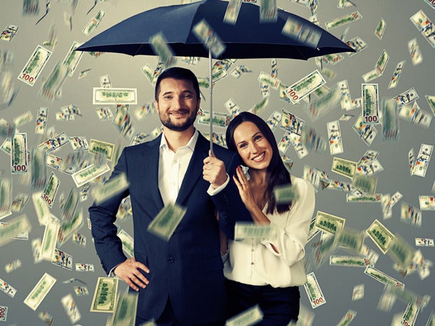 cash money dollars rain man woman umbrella