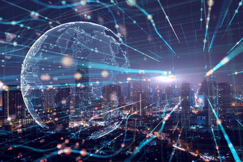 Abstract network connections conceptually layered with a city skyline and a virtual globe.