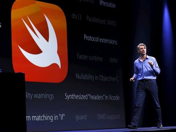 Apple’s Craig Federighi in front of a Swift logo at WWDC 2015