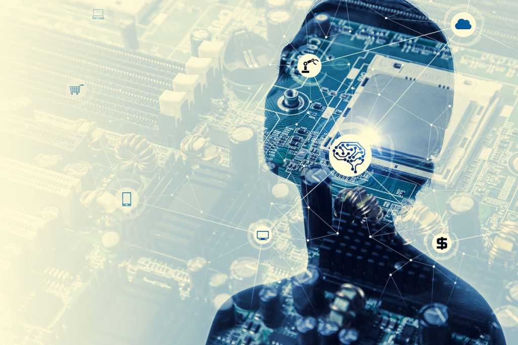multiple-exposure image showing a virtual network of connections, a human profile, and circuit board