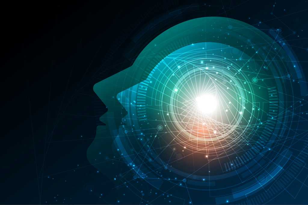 A human profile containing digital wireframe of technology connections.