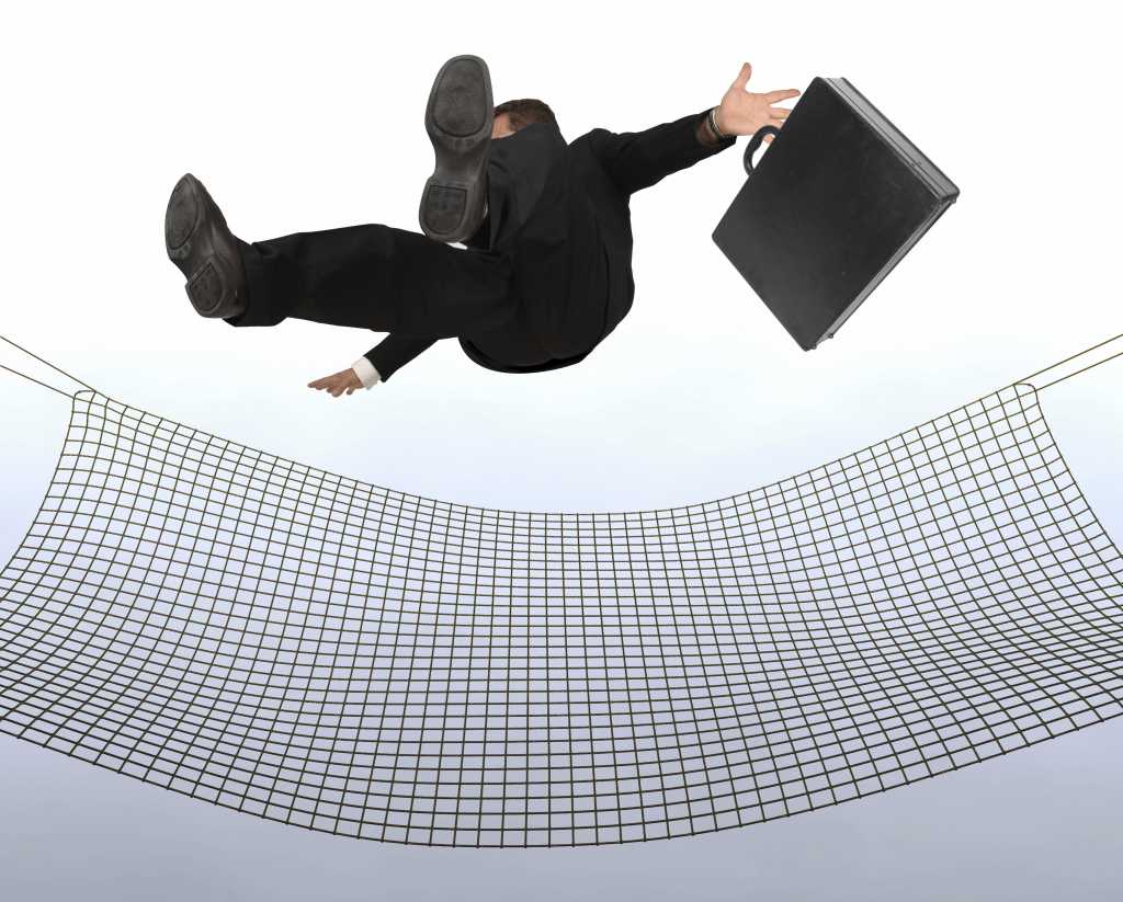 businessman falling the sky into a safty net 91138081