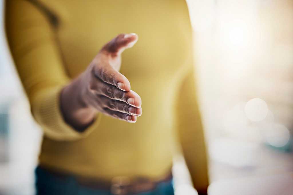 arm extended for handshake / greeting / meeting / interview / deal / partnership / collaboration