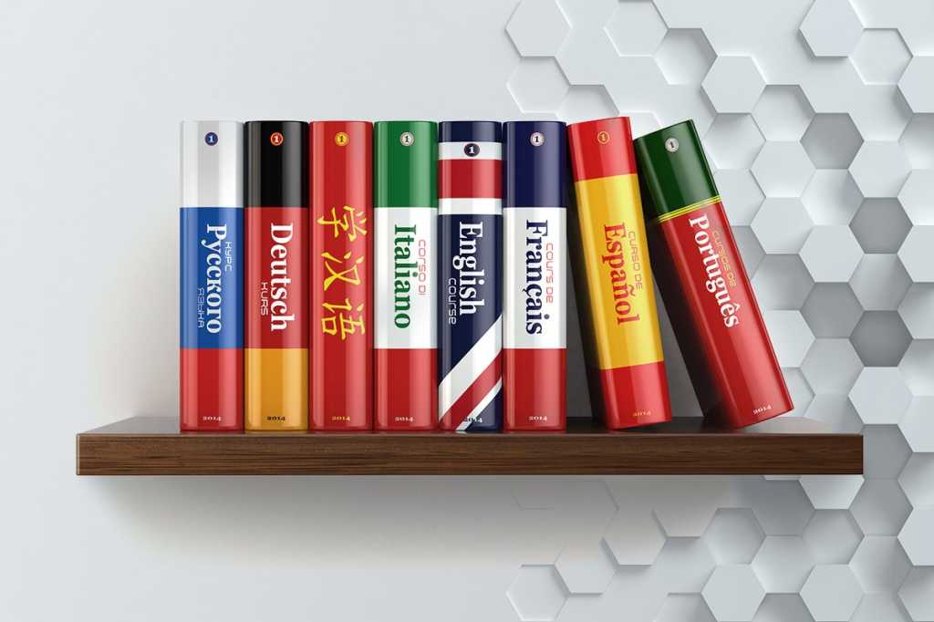 Language dictionaries on a shelf.