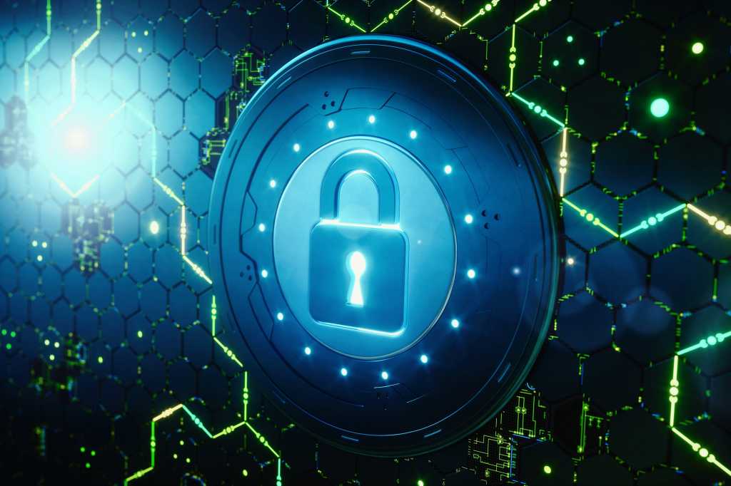 Conceptual cybersecurity system locks down a network of interconnected elements.