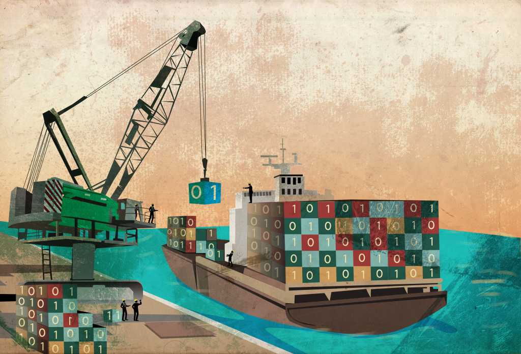 Containerization illustration: loading dock for binary code data containers