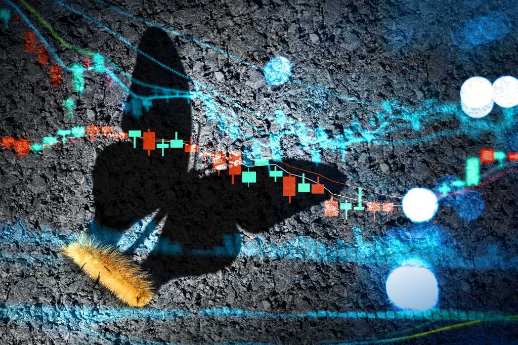 caterpillar casts the shadow of a butterfly with business data overlay / transformation, aspirations