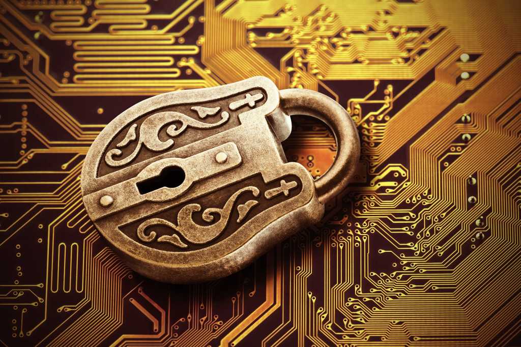 Cybersecurity  >  A mysterious and intricate padlock with complex circuits