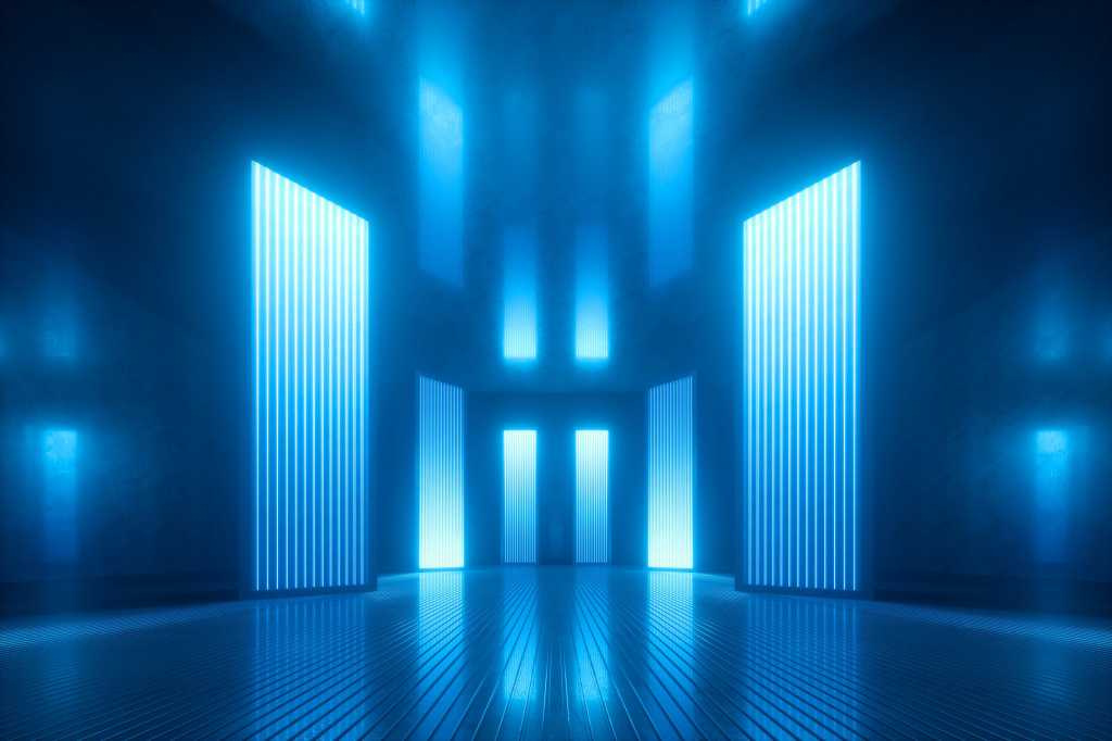 Empty corridor with a series of glowing doors [options/ alternatives/ opportunities/ future/ next]
