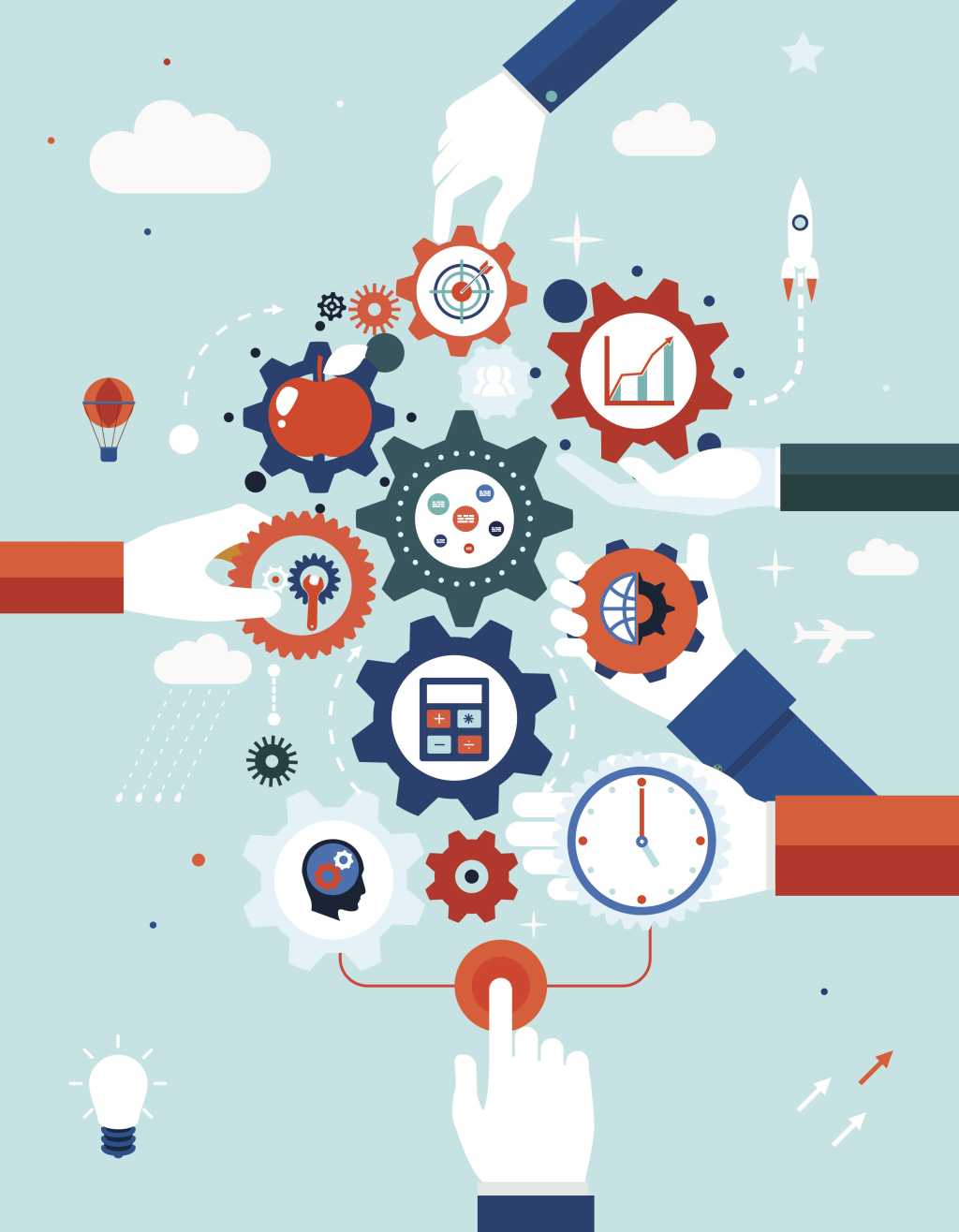 hands work as a team managing business and technology gears and symbols to create innovation