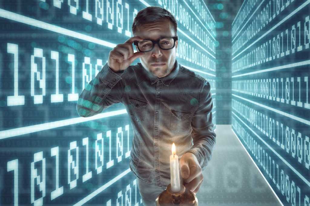 geek with candle lost in binary background big data data scientist