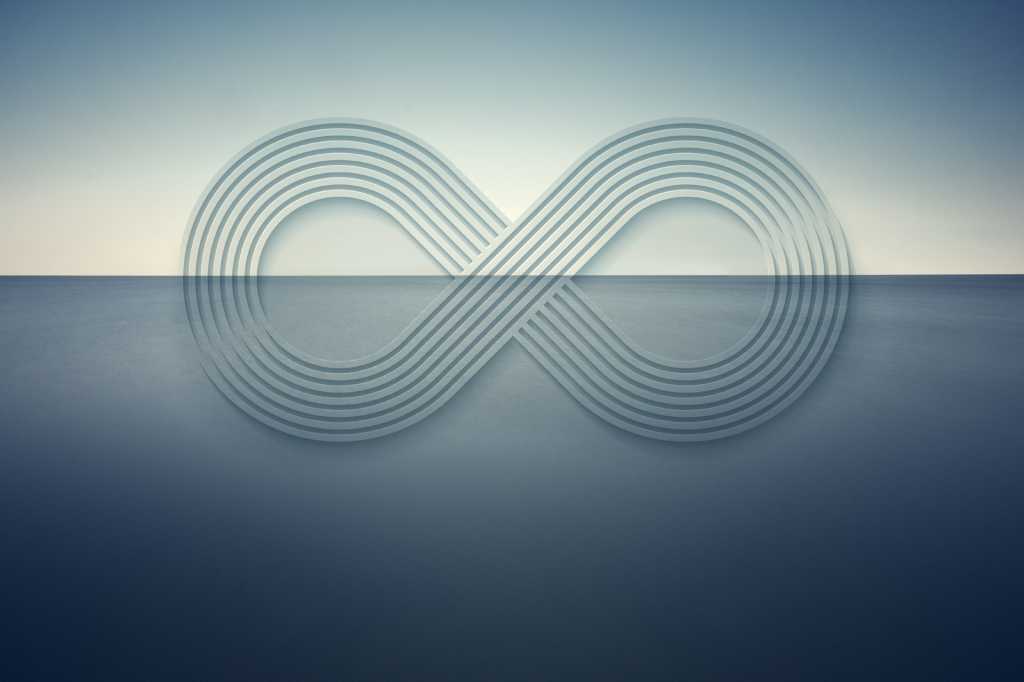 An infinity symbol hovers over a horizon line of sea and sky. [continuous cycle / iterative process]