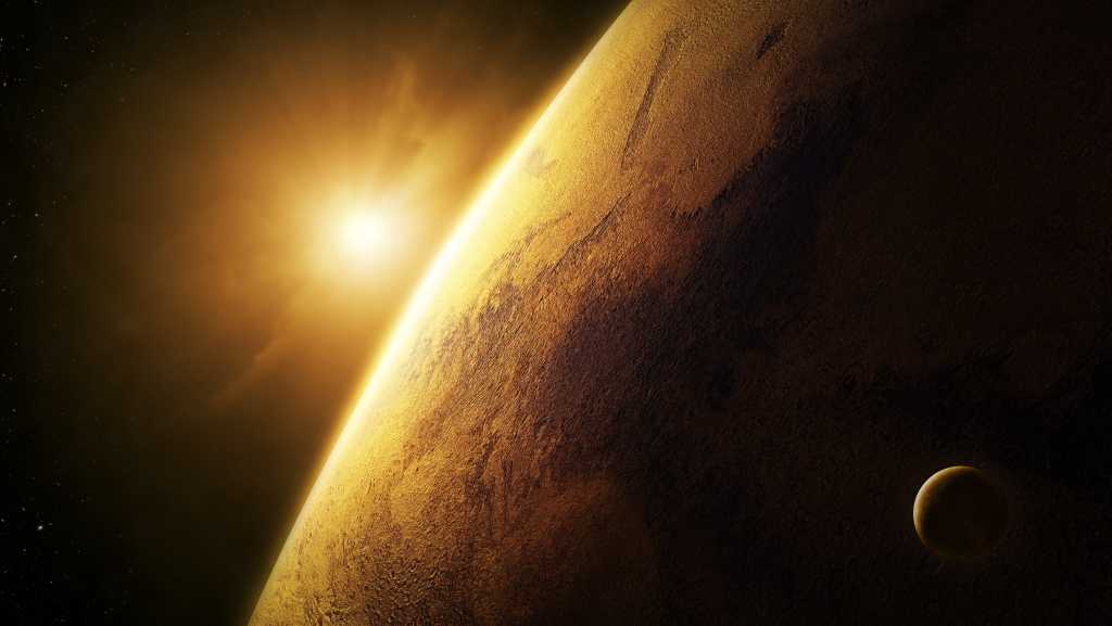planet mars close up with sunrise in space 158456999