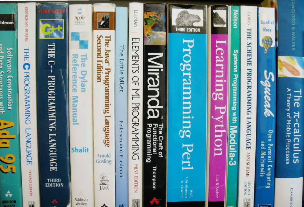 A selection of programming language textbooks on a shelf