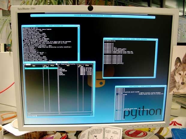 A computer desktop with the word Python screens monitors code coding