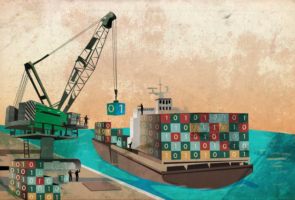 shipping industry with loading binary code containers on ship representing the concept of software