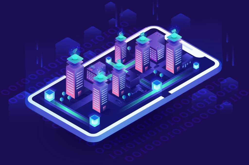 A city of architectural structures emerges from a mobile phone, surrounded by binary code.