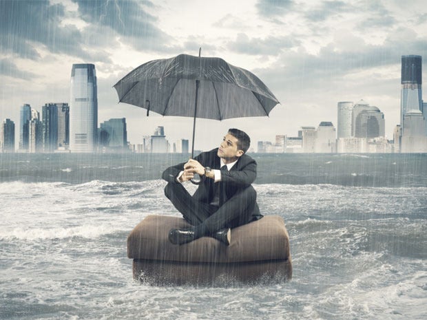 storm businessman clouds rain rough seas