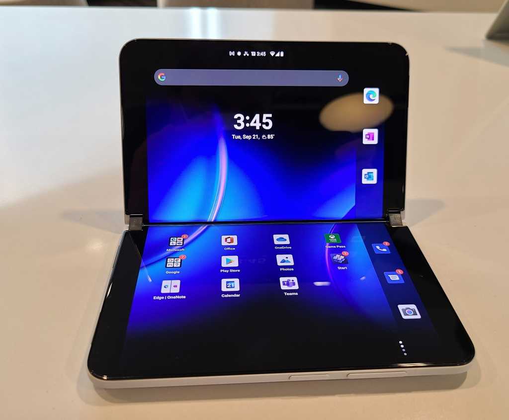 Microsoft surface duo 2 folded on desk