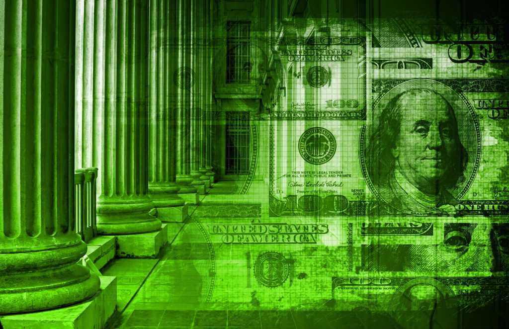 green collage of money and government buildings