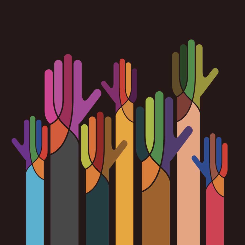 colorful illustration of diverse hands raised in the air volunteering