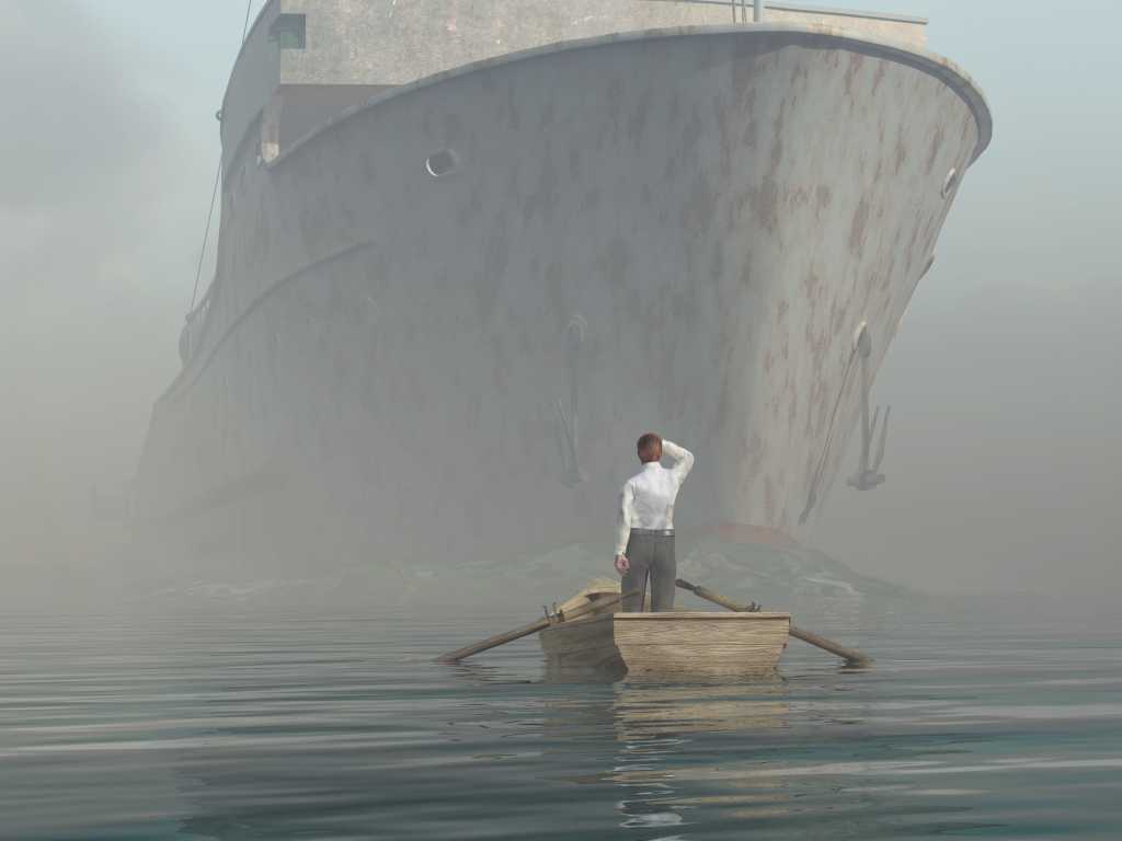 Man standing in boat looking at large boat in fog