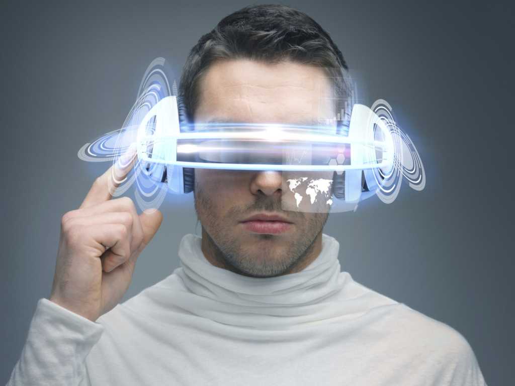 futuristic guy wearing virtual reality glasses