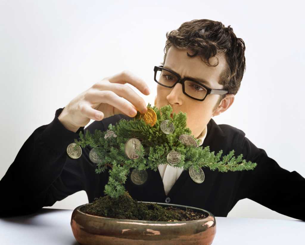 Hipster nursing pruning money tree caring for financial investments