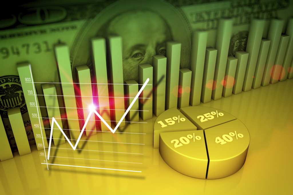 3D collage of financial money charts and icons