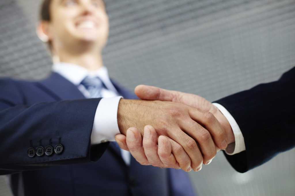 two businessmen shaking hands making a deal