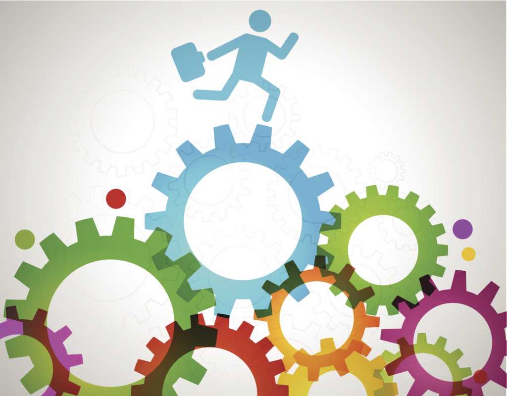colorful graphic gears with blue man running on top