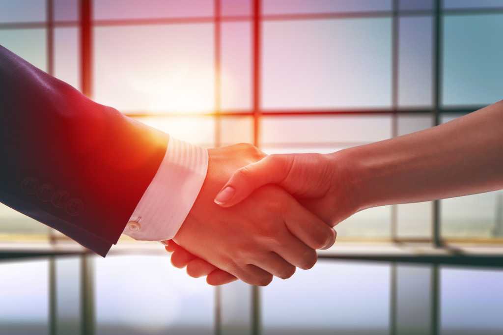 man and woman shaking hands making deal teamwork