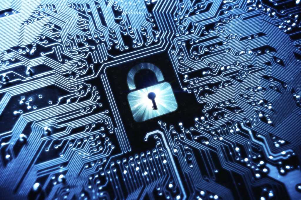blue security padlock among circuitry