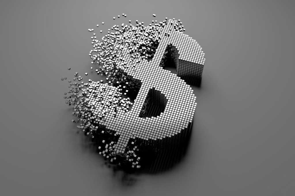 A U.S. dollar sign materializes from small, separate blocks into a unified whole.