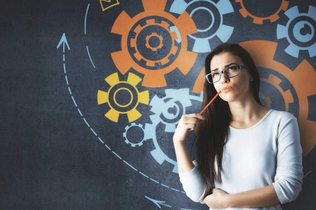 woman thinking analyzing gears wondering curious solving process