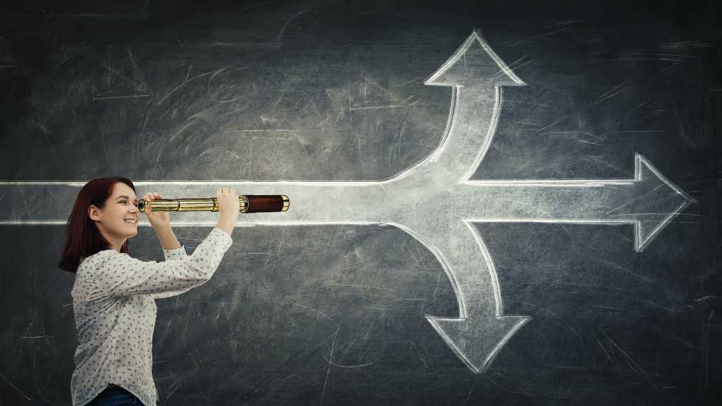 looking ahead, crossroads, woman with a spyglass