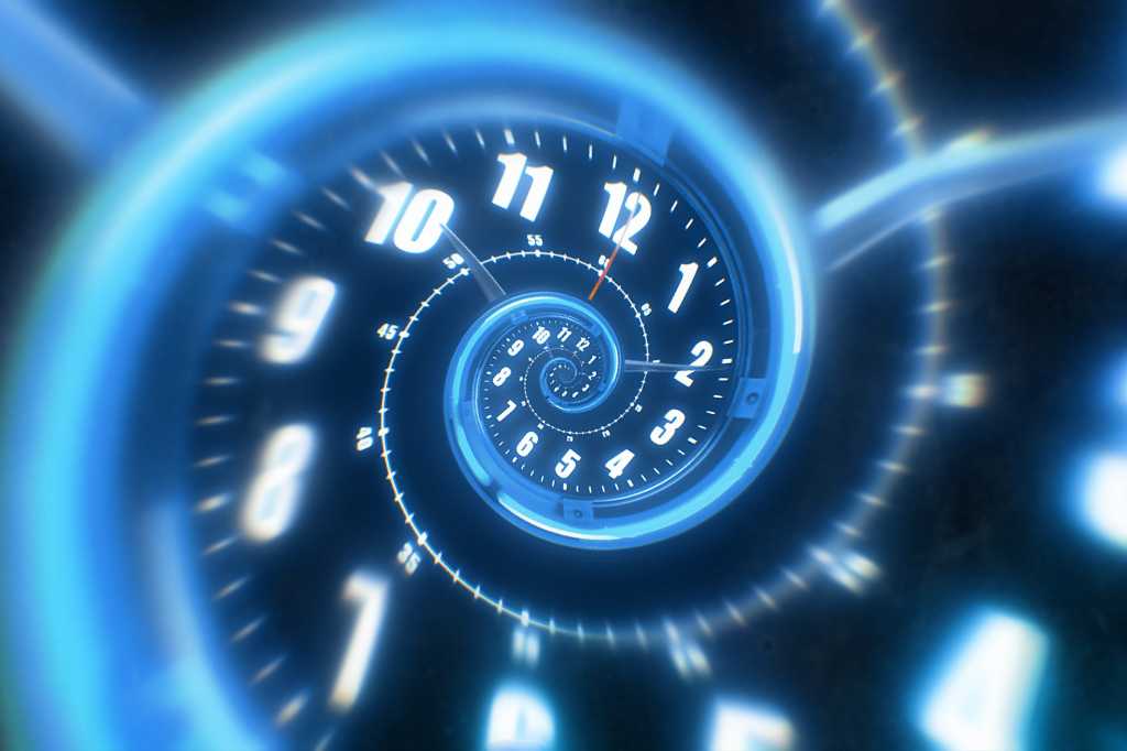 A luminous clock face warps in a spiral.