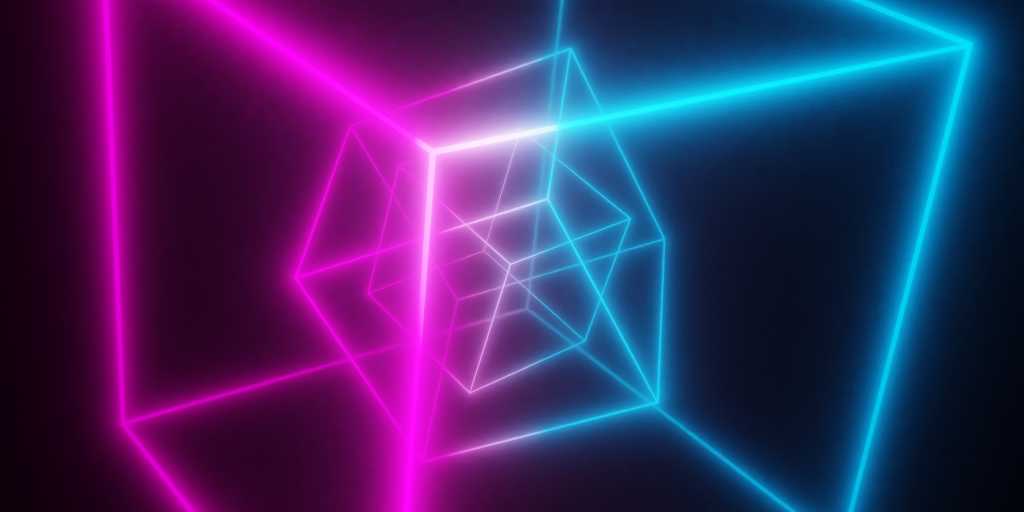 Modern, abstract multiple wireframe cube blue and pink neon light frame over black background, 3D illustration