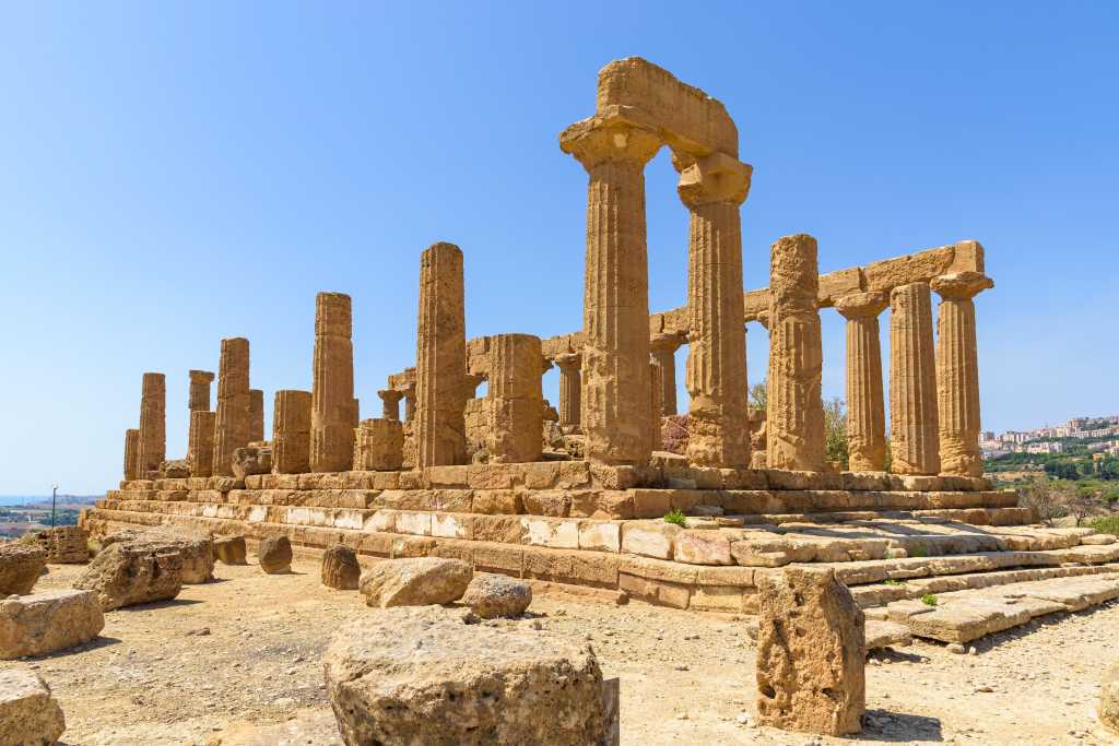 Ruins of the Temple of Juno in the Valley of the Temples in Agrigento, Sicily, Italy