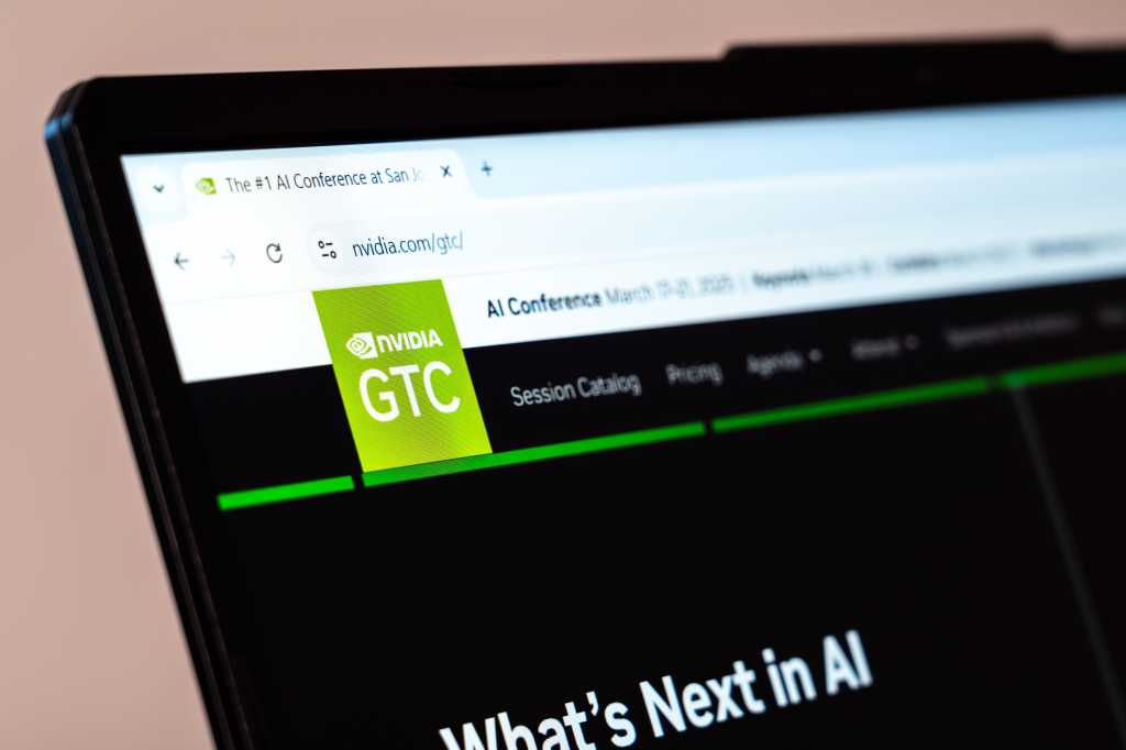 New York, USA - January 31, 2025: NVIDIA GTC website homepage on laptop screen showcasing AI conference details and technology innovations