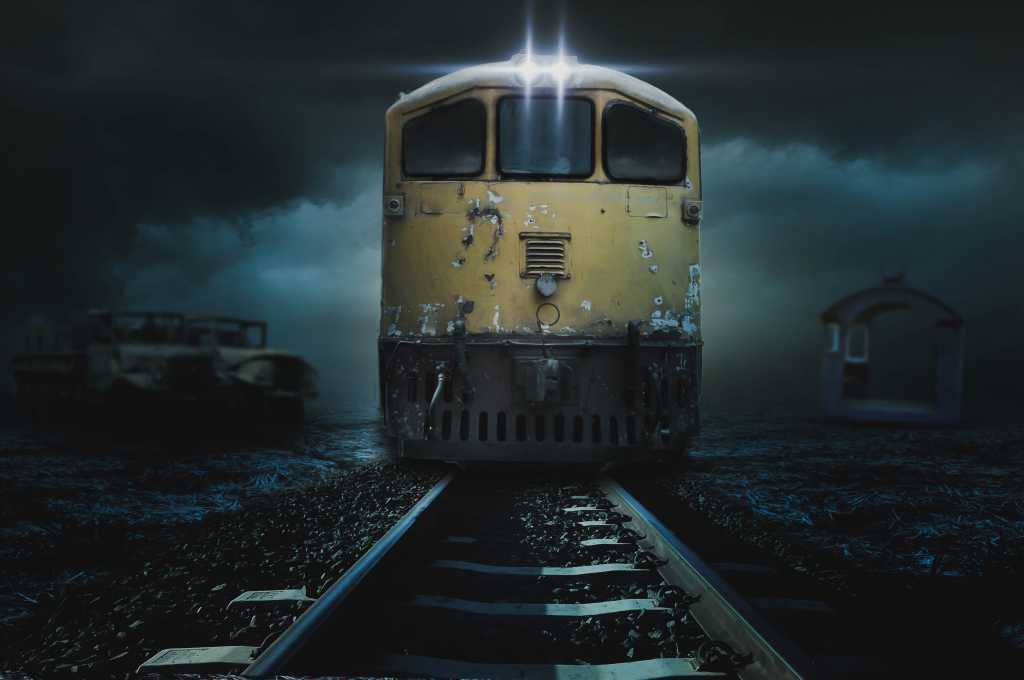 old train coming down the tracks on a dark night