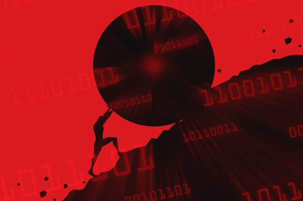 momentum man pushing boulder uphill conquer challenge by yogysic getty images 479447604