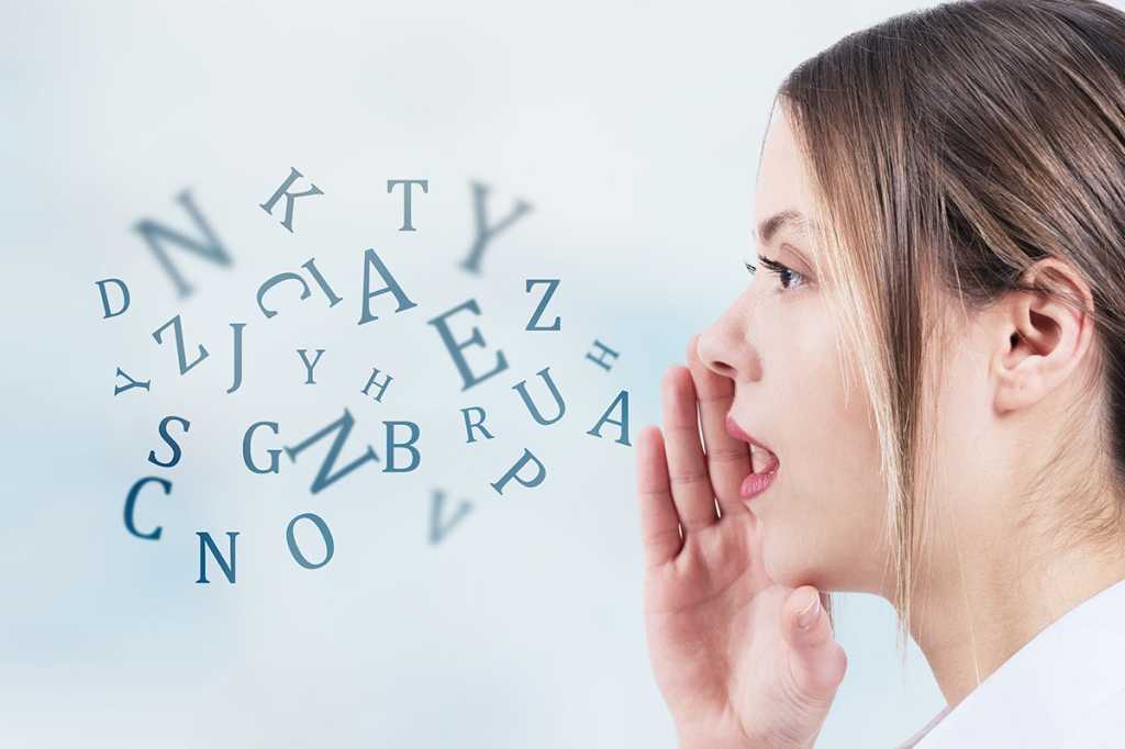 Conceptual images of a woman speaking in a stream of abstract letters.