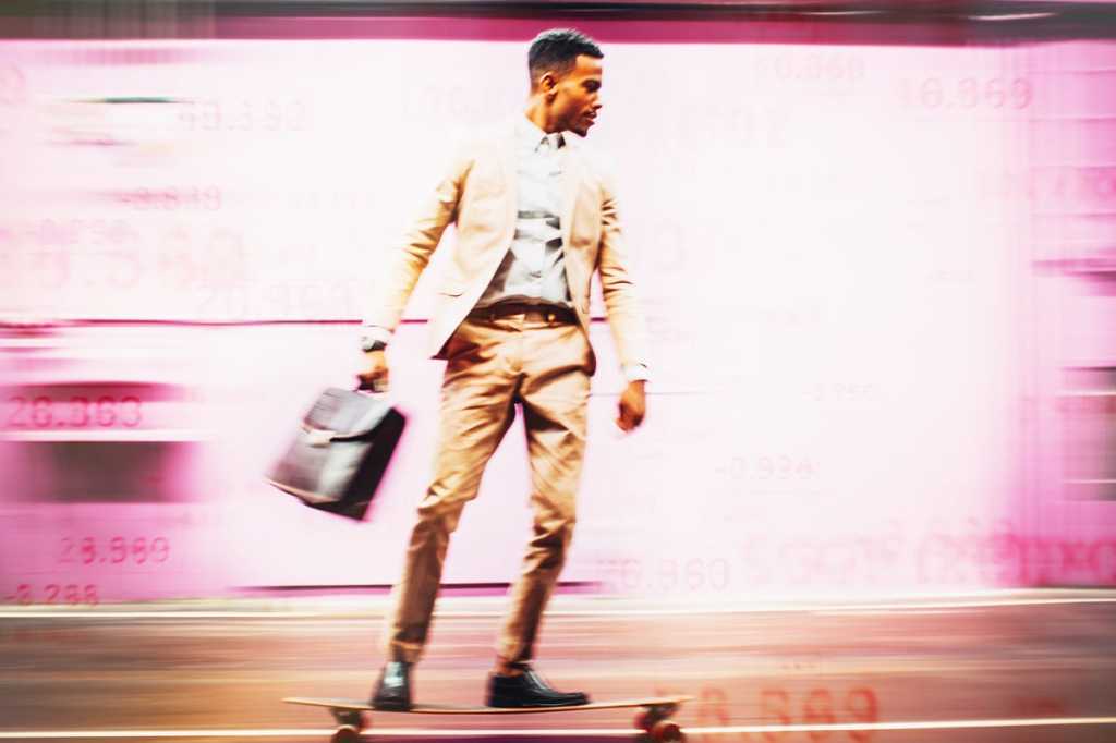 cio to ceo man with briefcase on skateboard career growth speed blur career path