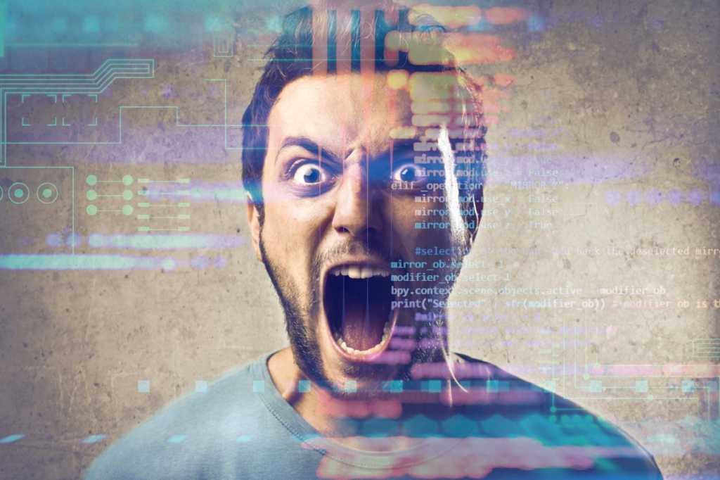 frustrated man with abstract code background
