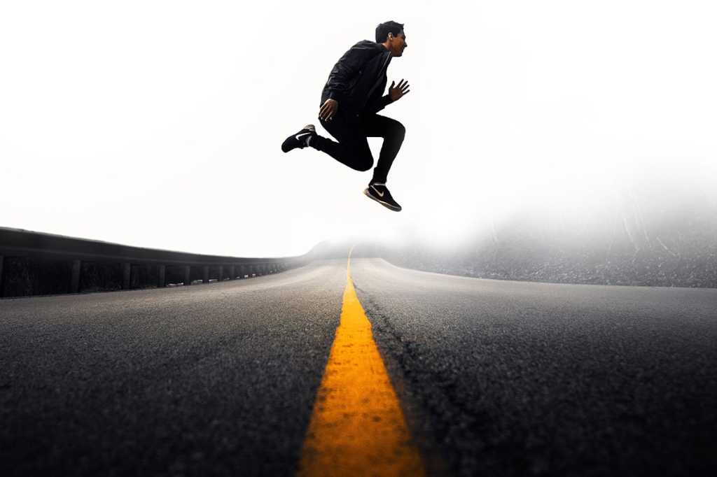 midair jump / leap / cross over / path / highway / road