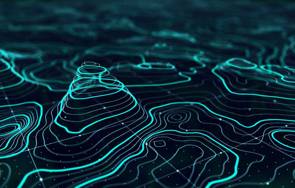 3D topographic map with blue lines and light points on dark grid. Topo contour map. Rendering abstract illustration. Valleys and mountains. Geography concept. Wavy backdrop. Space surface. Magic blue neon light curved lines