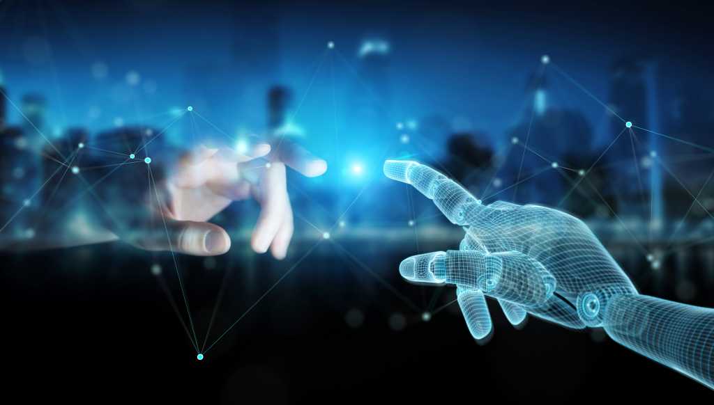 Wireframed Robot hand connecting with human hand on dark background. Agentic AI.